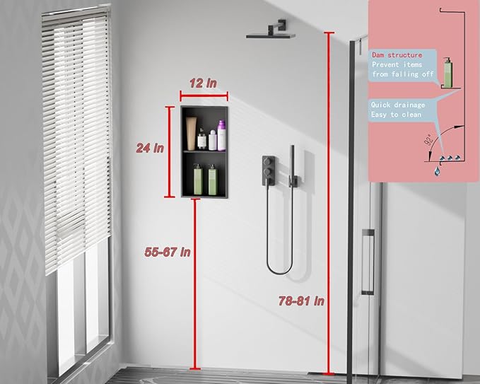 No Tile Needed Shower Niche for Bathroom Storage,Recessed Wall Niche,Double Shelves,Stainless Steel(Black, 24 * 12 in)
