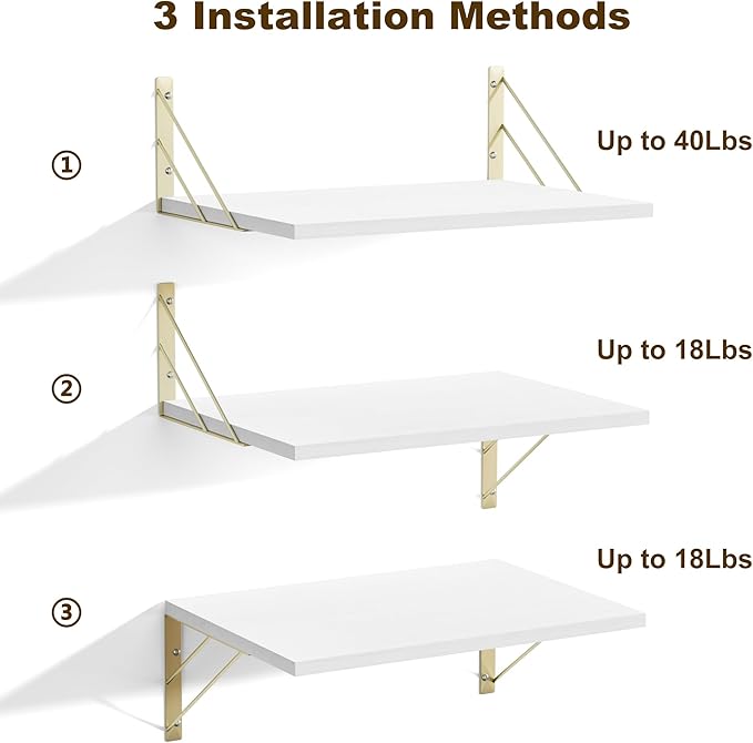 Love-KANKEI Deep Floating Shelves for Wall, 16" W x 12" D Wall Shelves Set of 2, Rustic Large Wood Hanging Shelves for Storage, Bathroom Bedroom Living Room Kitchen White and Gold