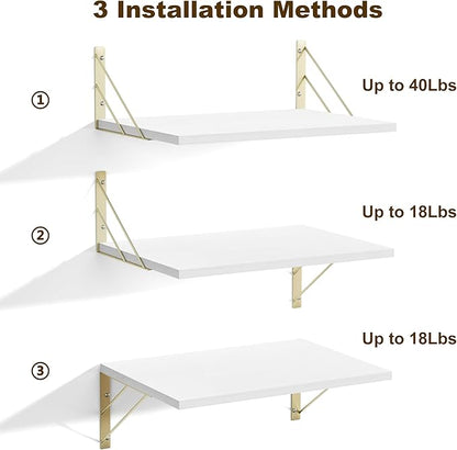 Love-KANKEI Deep Floating Shelves for Wall, 16" W x 12" D Wall Shelves Set of 2, Rustic Large Wood Hanging Shelves for Storage, Bathroom Bedroom Living Room Kitchen White and Gold