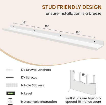 Axeman Picture Ledge Shelf, Floating Shelves for Wall Decor Storage Set of 6, 55 inch Floating Wall Mounted Shelves, Shelves with Lip for Living Room, Bedroom, Nursery, Bathroom, Kitchen, White