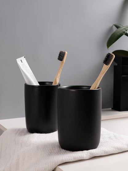 Bosilunlife Soap Dispenser and Toothbrush Holder Set - Dish Hand Soap Dispenser Bathroom Set Ceramic Bathroom Counter Soap Toothbrush Holder Set Black Bathroom Accessories Set