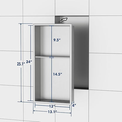 Neodrain No Tile Shower Niche, Brushed Stainless Steel Bathroom Shelf 24" X 12", Two-Tier Stainless Cubby, Bathroom Niche Cubby for Storage, No Tile Needed Recessed
