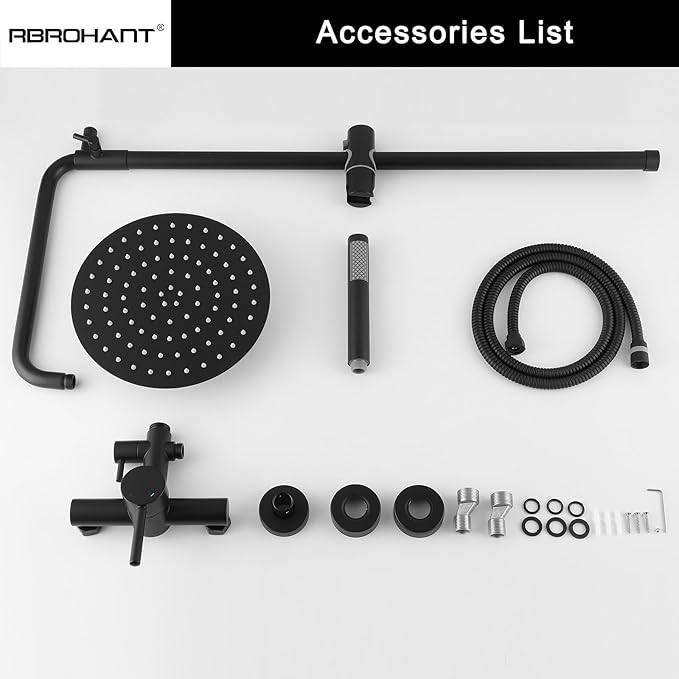 RBROHANT Outdoor Shower, Wall Mount Outdoor Shower Kit, Outside Shower Faucet with Height Adjustable Rain Shower Head and Handheld, Exposed Shower System for Yard, Wall Mounted, Matte Black, JK0145