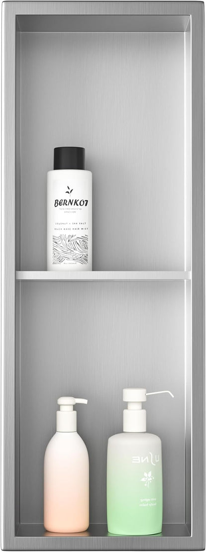 Stainless Steel Shower Niche 24"×8" Brushed with 2-Tier Shelf No Tiled Needed Niche Shower for Bathroom Wall Recessed Shower Box for Bathroom Storage