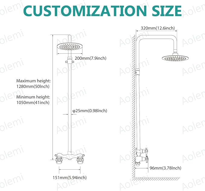 Aolemi Outdoor Shower Kit - Double Handle Exposed Shower with 8 Inch Rainfall Shower Head - Adjustable Height - Matte Black