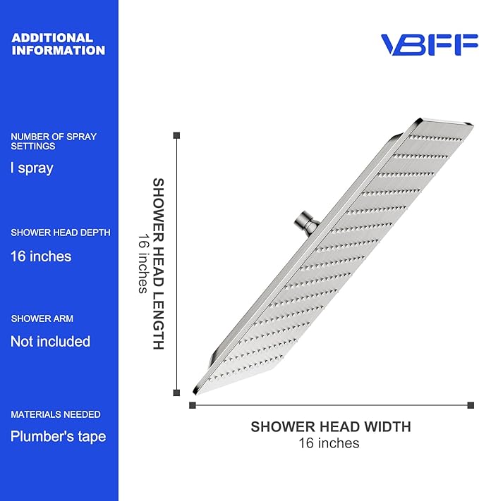 VBFF-Shower Head,rain shower head, 16 inch- Square Shower Head, 1.8 GPM Flow Rate, rainfall showerhead,VBFF10 (Brushed Nickel)
