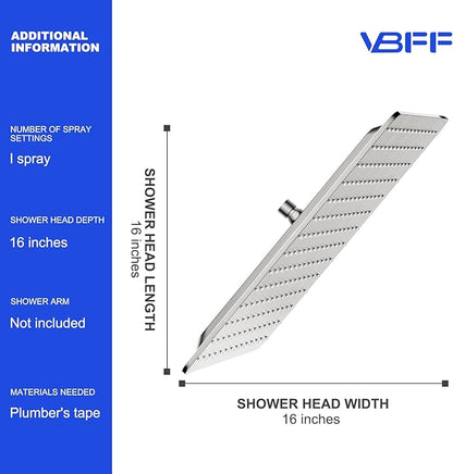 VBFF-Shower Head,rain shower head, 16 inch- Square Shower Head, 1.8 GPM Flow Rate, rainfall showerhead,VBFF10 (Brushed Nickel)