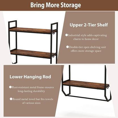 POWERSTONE 2-Tier Bathroom Towel Rack Industrial Wall Mounted Shelf with Towel Bar, Over The Toilet Storage Shelf with Metal Frame for Bathroom Kitchen Laundry Room Rustic Brown