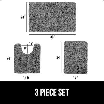 GORILLA GRIP Bathroom Rug Sets 3 Piece, Bath Mat Set and Oval Toilet Base with Rubber Backing, Plush Absorbent Shaggy Chenille Washable Mats, Includes 24x19.5, 24x17 and 36x24 Inch Rugs, Grey