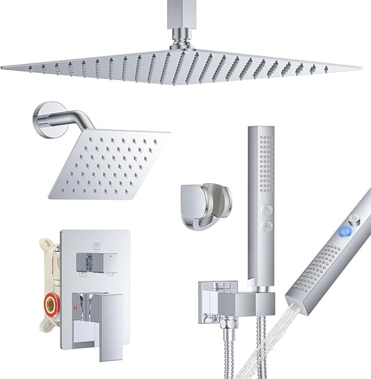 Chrome Shower Faucet Set, Ceiling Mount Shower System 12" & 6" Dual Shower Head Set with 2 in 1 Handheld Spray Rain Shower Head Sets with Rough-in Valve and Shower Trim Kit, Polished Chrome