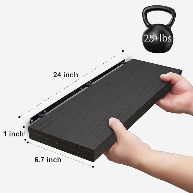 SAUMONIERES Floating Wall Shelves for Bedroom Bathroom Wall Mounted Solid Wood Shelf 24 Inch Set of 3, Black