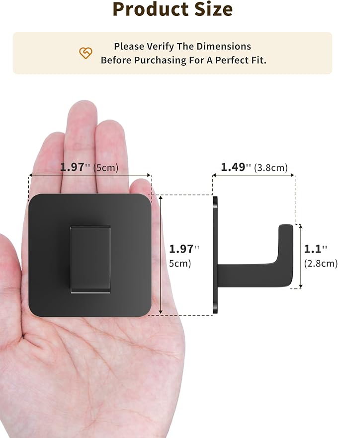 Square Self Adhesive Towel Hooks - 2 Pack Matte Black Metal Hooks, Right-Angle Design for Towels, Robes & Hats, Organize Bathroom, Kitchen, Entryway, Doors, Cabinets on Smooth Surfaces