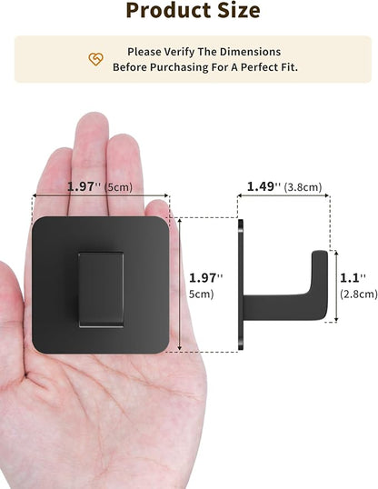 Square Self Adhesive Towel Hooks - 2 Pack Matte Black Metal Hooks, Right-Angle Design for Towels, Robes & Hats, Organize Bathroom, Kitchen, Entryway, Doors, Cabinets on Smooth Surfaces