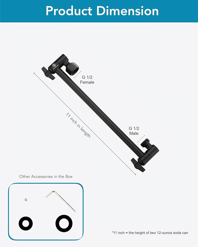 11 Inch Adjustable Shower Head Extension Arm With Locking Set Screw, Singing Rain Brass Matt Black Angle Height Adjustable, Easy To Install, G1/2 Universal Connector Compatible (Matt Black)