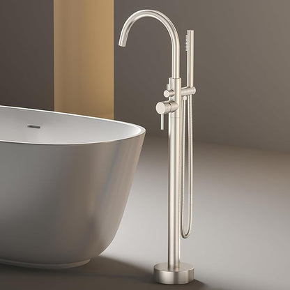 Freestanding Bathtub Faucet Waterfall Tub Filler Brushed Nickel Floor Mount Brass Single Handle Bathroom Faucets with Hand Shower (Brushed Nickel, The bottom of the water)