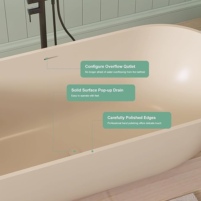 SJ STAR&JANE 69" Solid Surface Freestanding Bathtub,Milk Coffee Stone Resin Soaking Tub, Modern Stand Alone Tub for Bathroom, Integrated with Overflow & Pop-up Drain