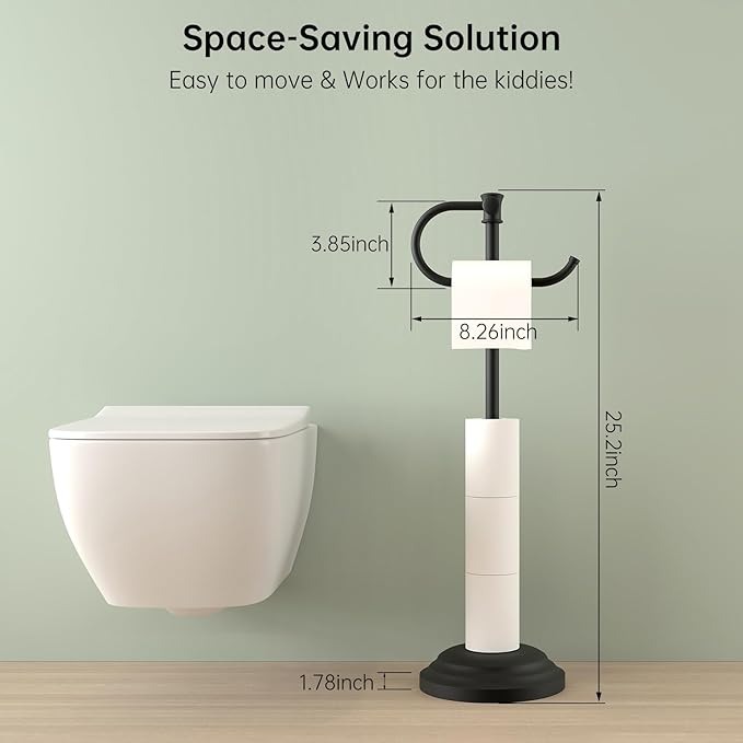 Hoimpro 25" Toilet Paper Holder Free Standing, Floor Bathroom Toilet Paper Tissue Roll Holder with Shelf Stand for 4 Rolls, with Storage, Freestanding Handle Hardware Accessories Rack Matte Black