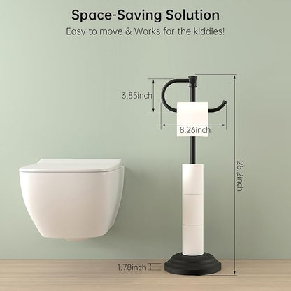 Hoimpro 25" Toilet Paper Holder Free Standing, Floor Bathroom Toilet Paper Tissue Roll Holder with Shelf Stand for 4 Rolls, with Storage, Freestanding Handle Hardware Accessories Rack Matte Black