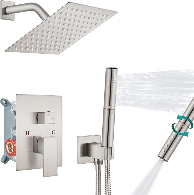 Aolemi Shower Faucet Set, High Pressure Shower System with 2-in-1 Handheld Sprayer, Wall Mount Fixture Combo with Rough-in Valve, 8 Inch Shower Head, Brushed Nickel