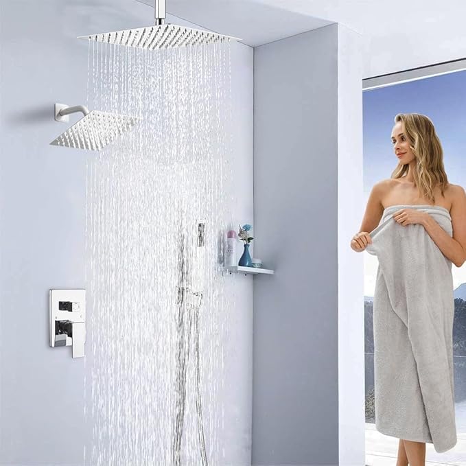 Shower Faucet Set Polished Chrome Shower System, Knob Switch Diverter Shower Faucet with High Pressure Handheld Spray, Ceiling Mount 12 Inch Shower Head with 6 Inch Wall Mount Shower Head