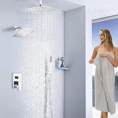 Shower Faucet Set Polished Chrome Shower System, Knob Switch Diverter Shower Faucet with High Pressure Handheld Spray, Ceiling Mount 12 Inch Shower Head with 6 Inch Wall Mount Shower Head