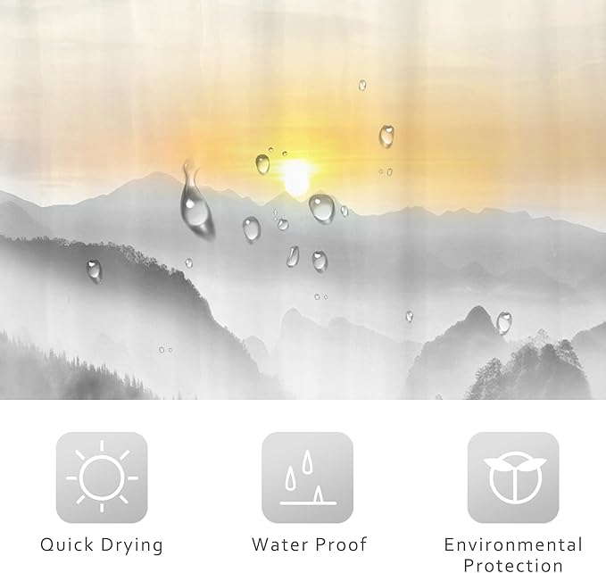 Riyidecor Misty Mountain Shower Curtain 60Wx72H Inch Sunrise Foggy Woodland Greenery Smokey Black Spring Scenery Tree Nature Pine Scenic Bathroom Decor Fabric Polyester Waterproof 12 Pack Hooks