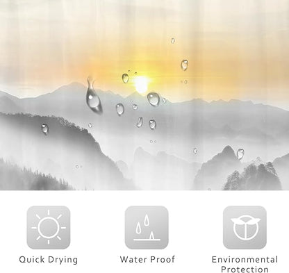Riyidecor Misty Mountain Shower Curtain 60Wx72H Inch Sunrise Foggy Woodland Greenery Smokey Black Spring Scenery Tree Nature Pine Scenic Bathroom Decor Fabric Polyester Waterproof 12 Pack Hooks