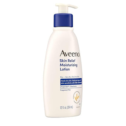 Aveeno Skin Relief Moisturizing Lotion Heals Very Dry, Sensitive Skin, Fast-Absorbing Body Lotion with Soothing Triple Oat & Shea Butter Formula, Fragrance Free, Non-Comedogenic, 12 fl. oz