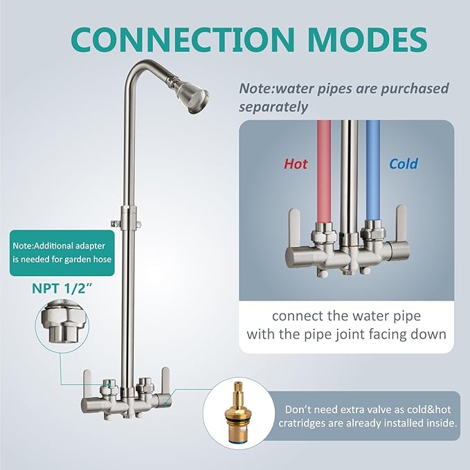 Aolemi Outdoor Shower Fixtures Outdoor Shower Kit Faucet System 3 Inch Center 2 Handle Exposed Shower with Brass Mix Valve with Adjustable Bar Pipe Upward Brushed Nickel