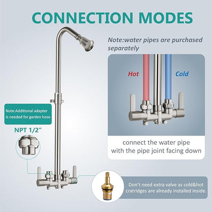 Aolemi Outdoor Shower Fixtures Outdoor Shower Kit Faucet System 3 Inch Center 2 Handle Exposed Shower with Brass Mix Valve with Adjustable Bar Pipe Upward Brushed Nickel