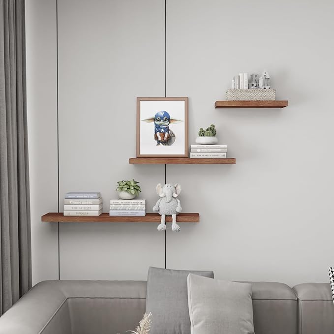 SAUMONIERES Floating Wall Shelves for Bedroom Bathroom Wall Mounted Solid Wood 36 Inches Long Shelf Set of 2, Walnut Floating Shelves