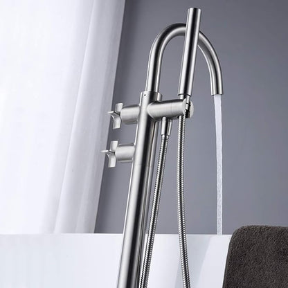 Tub Filler Freestanding Bathtub Faucet Brushed Nickel Floor Mount Brass Faucets with Hand Shower