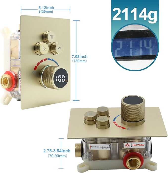 Digital Display Shower Valve Shower Valve 3 Way Shower Diverter Valve Shower Mixing Valve Can Use All the Time Brushed Gold
