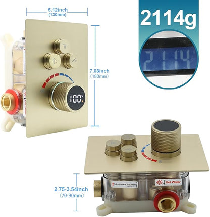 Digital Display Shower Valve Shower Valve 3 Way Shower Diverter Valve Shower Mixing Valve Can Use All the Time Brushed Gold