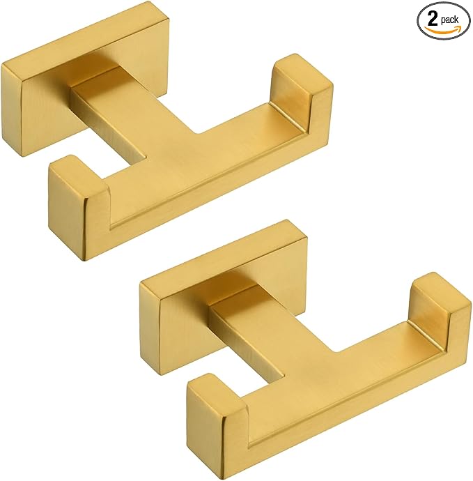 Angle Simple Double Towel Hook Brassy Gold 2 PCS, SUS304 Stainless Steel Bathroom Hand Towel Holder, Double Robe Hook for Wall
