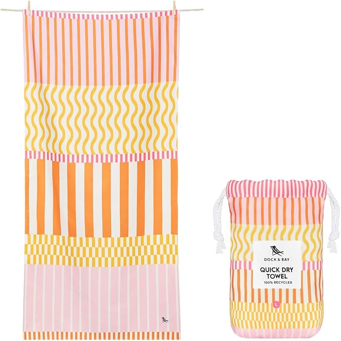 Dock & Bay Beach Towel - Quick Dry, Sand Free - Compact, Lightweight - 100% Recycled - Includes Bag - Lemonade Waves - Large (160x90cm, 63x35)