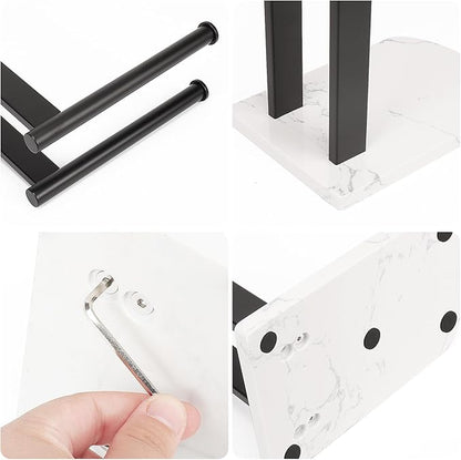 NearMoon Hand Towel Holder with Balanced Marble Base, SUS304 Stainless Steel Stand Towel Ring L Shape Hand Towel Rack Free-Standing Towel Bar for Bathroom Kitchen Countertop (Double Rod, Matte Black)
