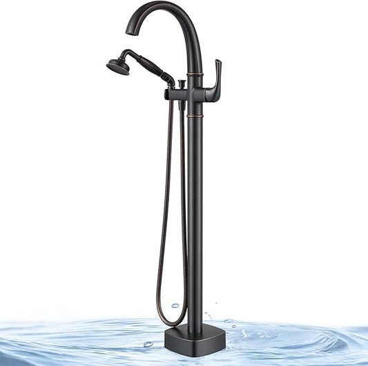 Free Standing Tub Faucet, Jabbol Premium Brass Luxury Freestanding Bathtub Faucet, Bathroom Floor Mount Tub Filler with Handheld Sprayer, Classic Roman Tub Faucets Oil Rubbed Bronze (JB-8811ORB)