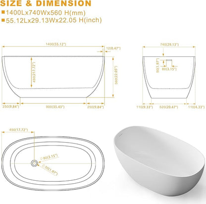 Stone Resin Freestanding Bathtubs,Soklawah 55" Solid Surface Luxury Soaking Tub,Oval Stand Alone Bathroom Bath tub with Drain & Integrated Slotted Overflow,Matte White Elegant Soaker Free Standing Tub