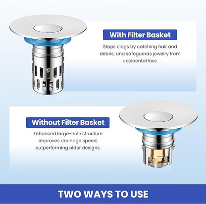 Universal Bathroom Sink Stopper, Pop Up Sink Drain Strainer Plug with Removable Stainless Steel Filter Basket Hair Catcher,Brass Body,Bathroom Bathtub Drain Stopper(2 PCS),Bright Silver