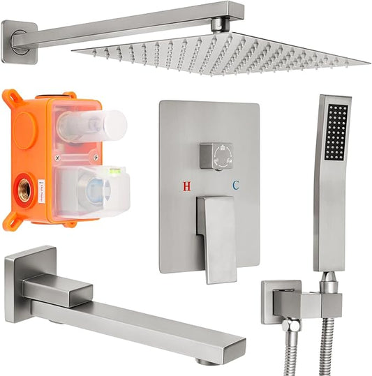 10 inch Square Shower Head and Handheld Set, Gasecoet Shower System with Tub Spout Wall Mounted Shower Faucet for Bathroom - Brushed Nickel (With Shower Valve)