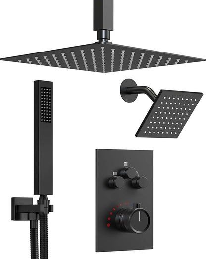 Thermostatic Shower System, Dual Rainfall Shower Heads for Ceilling & Wall Mounted with Handheld Sprayer, Matte Black