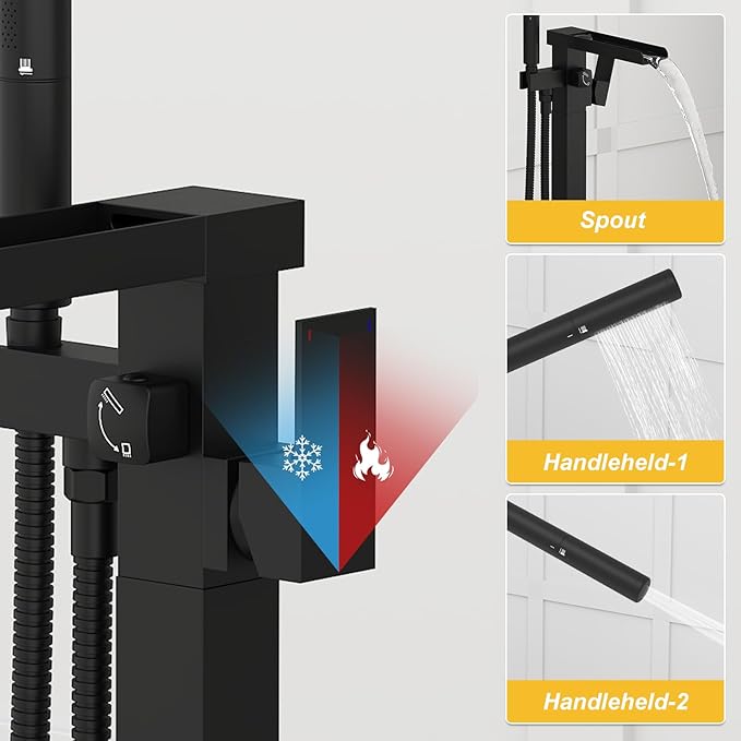 BESy Tub Filler Freestanding Bathtub Faucet Free Standing Tub Faucet Matte Black Floor Mount Bathroom Tub Faucets Bath Faucets with 2 Function Handheld Sprayer