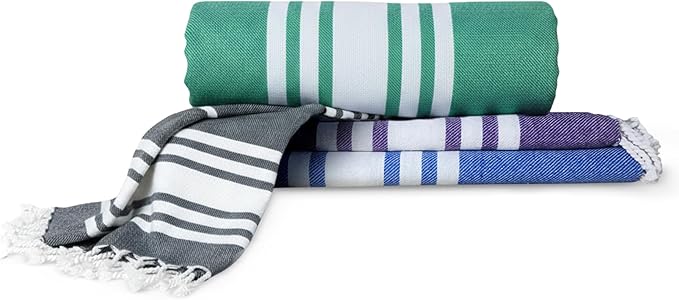 Turkish Cotton Beach Towel Pack of 4 & 1 Boho Tote Bag - Hammam Towels - No Shrink - Quick Dry - Lightweight - Sand Free - Camping - Pool - Beach Essentials - Blue,Gray,Purple, Green (40"x70")