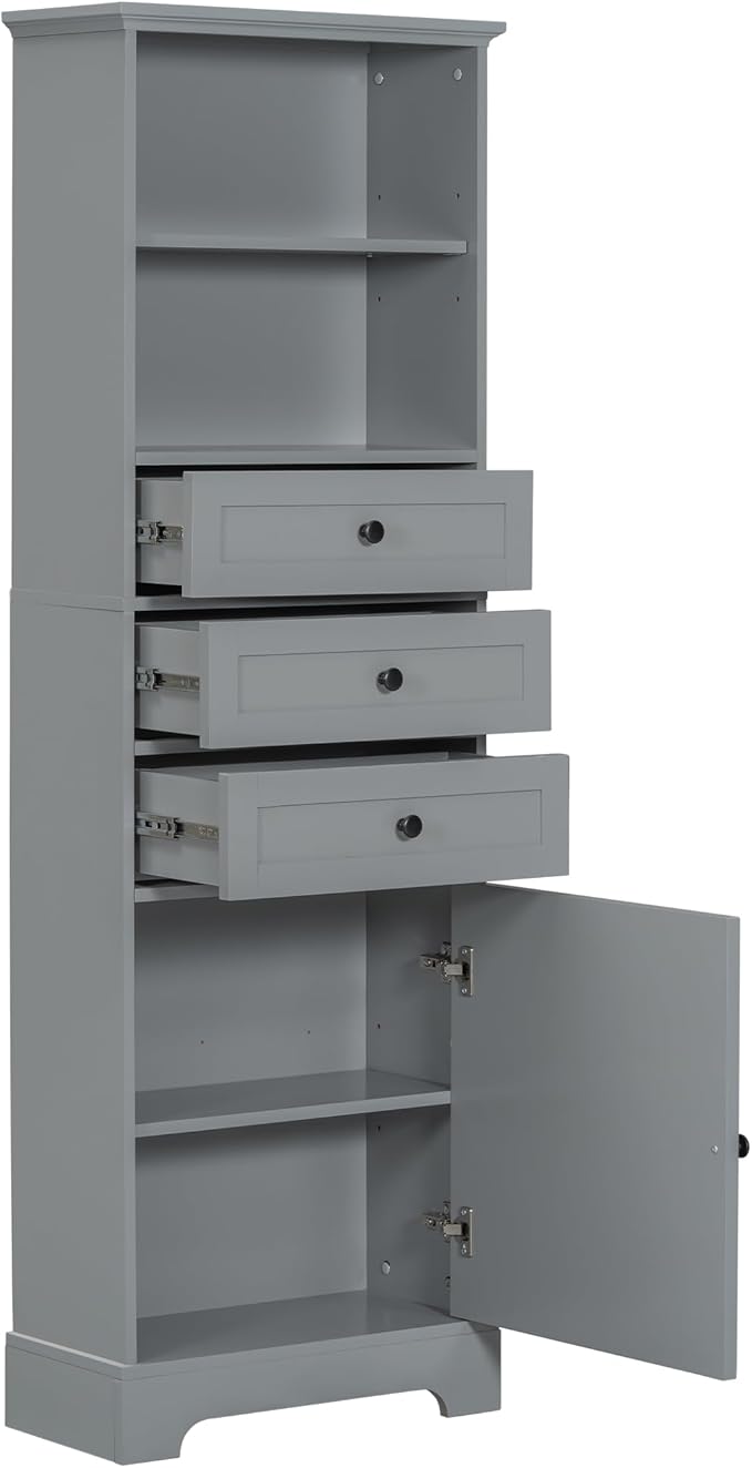 Favfurish 67" Tall Bathroom Storage Cabinet with Door and 3 Drawers,Modern Linen Cabinets w/Adjustable Shelf & 2-Tier Open Shelves,Freestanding Organizer for Bath Room,Study,Office,Grey