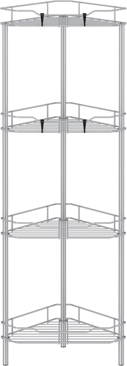 4 Tier Floor Standing Corner Shower Caddy Organizer Shelf with Hooks, Bathroom Shelves Stand Rack, Silver