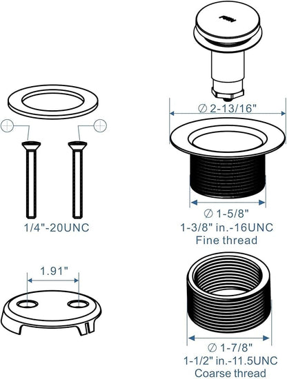Brushed Nickel Tub Drain Tip-Toe Tub Trim Set Conversion Kit Assembly, Hidrop Bathtub Drain Replacement Trim Kit with 2-Hole Overflow Faceplate and Universal Fine/Coarse Thread, Brushed Nickel