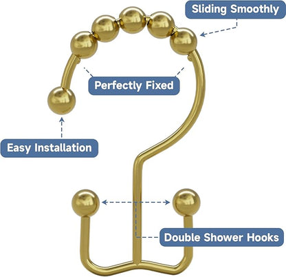 Titanker Gold Shower Curtain Hooks Rings, Rust-Resistant Metal Double Glide Shower Hooks Rings for Bathroom Shower Curtains Rods, Set of 12 Hooks - Light Gold