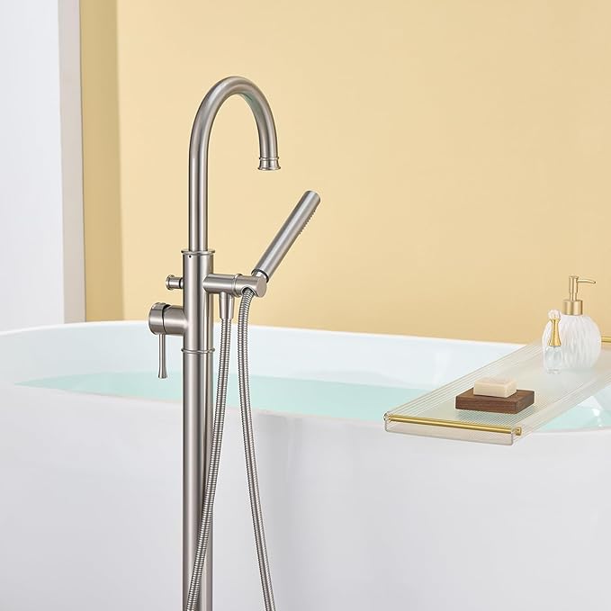 Free Standing Tub Faucet Brushed Nickel Freestanding Bathtub Faucet Floor Mount Brass Bathroom Tub Filler with Hand Shower