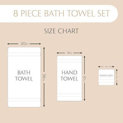 MAURA White Bath Towel Set of 8 for Bathroom. Turkish Cotton Luxury Bath Towels. Extra Large, Thick, Plush & Soft. Hotel & Spa Quality - White
